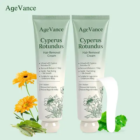 AgeVance Cyperus Rotundus Hair Removal Cream 2-Pack Bundle (2 Tubes) - Vegan Unisex Full-Body Use Depilatory for Legs/Arms/Body, Plant-Based, Gentle, Fast-Acting, Soothing Cyperus Oil, Odor-Free, Shaving Bump Relief for Sensitive Skin (Wait 5-10 Min)