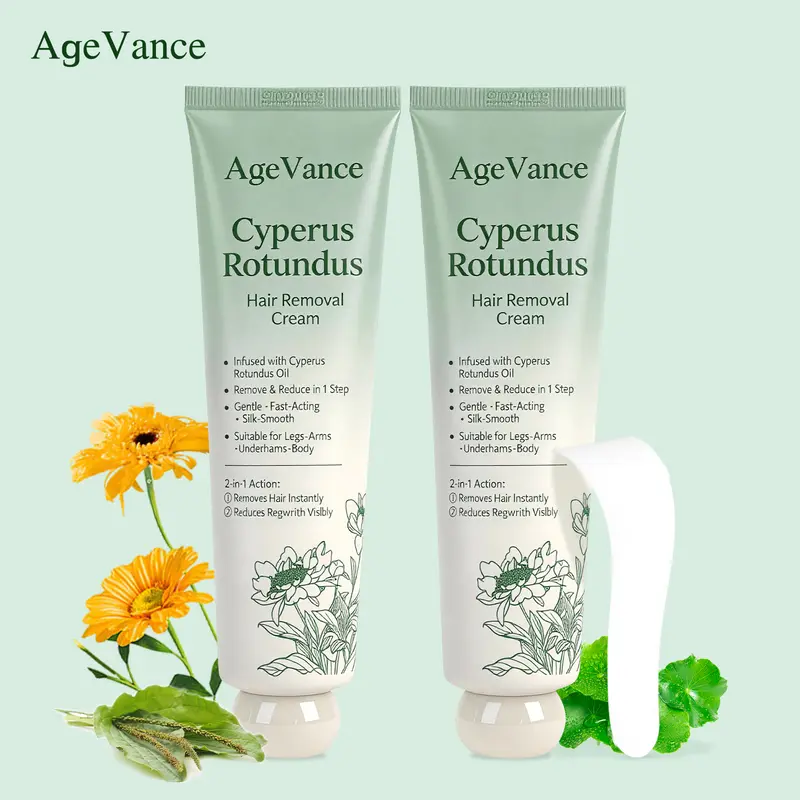 AgeVance Cyperus Rotundus Hair Removal Cream 2-Pack Bundle (2 Tubes) - Vegan Unisex Full-Body Use Depilatory for Legs/Arms/Body, Plant-Based, Gentle, Fast-Acting, Soothing Cyperus Oil, Odor-Free, Shaving Bump Relief for Sensitive Skin (Wait 5-10 Min)