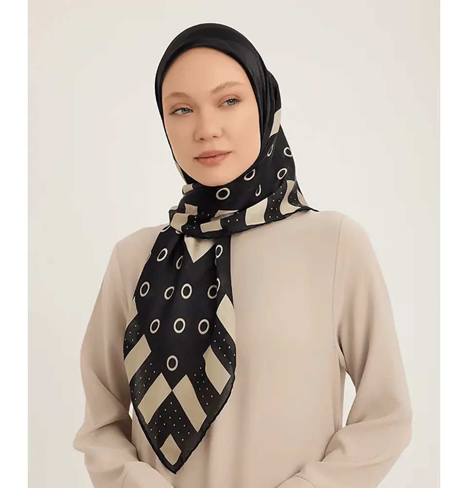 Aurora Satin Square Hijab Geometric Flow - Black