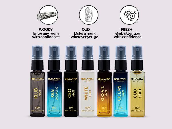 BellaVita Luxury Discovery Gift Set Combo for Men and Women 14x8 ml Micro Perfumes Includes 7 Womens Scents Senorita Rose Date Glam Diva Hot Mess White Oud and 7 Mens Scents CEO Man GOAT Man Klub Man Skai Ocean Man White Oud Gold Oud