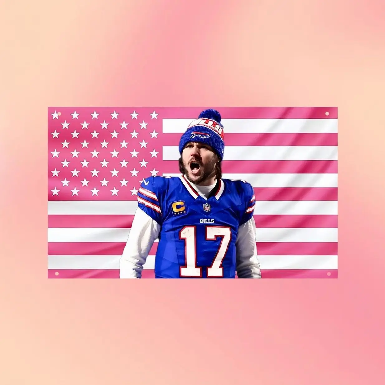 Josh Allen Buffalo Football Flag, Pink American Flag Wall Tapestry, Quarterback Fan Room Decor, Gift for Sports Fans Wall Tapestry, Fabric Wall Hanging for Bedroom, Dorm Room, Living Room and Apartment Decor, Lightweight Indoor Wall Art