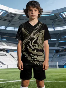 Black Gold Emblem Mexico Football Set V-Neck Sports Short Sleeve and Shorts Set, 100% polyester, casual and loose fit, featuring fun and stylish printed patterns for summer. Suitable for summer outdoor physical activities and daily casual wear, a perfect