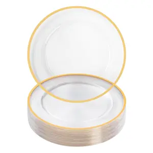 25 Pack Reusable Plastic Clear Plates With Rim  12-inch For Dinner Wedding Party Event Table Decoration Clear&gold