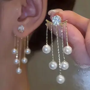 1 Pair Faux Pearl Dangle Earrings, Drop & Dangle, Shiny Zirconia Accents, Elegant Ear Jackets, Banquet-inspired Style, Decorative Tassel Details, Hypoallergenic, Nickel-free, for Formal Occasions, Earrings for Fashion