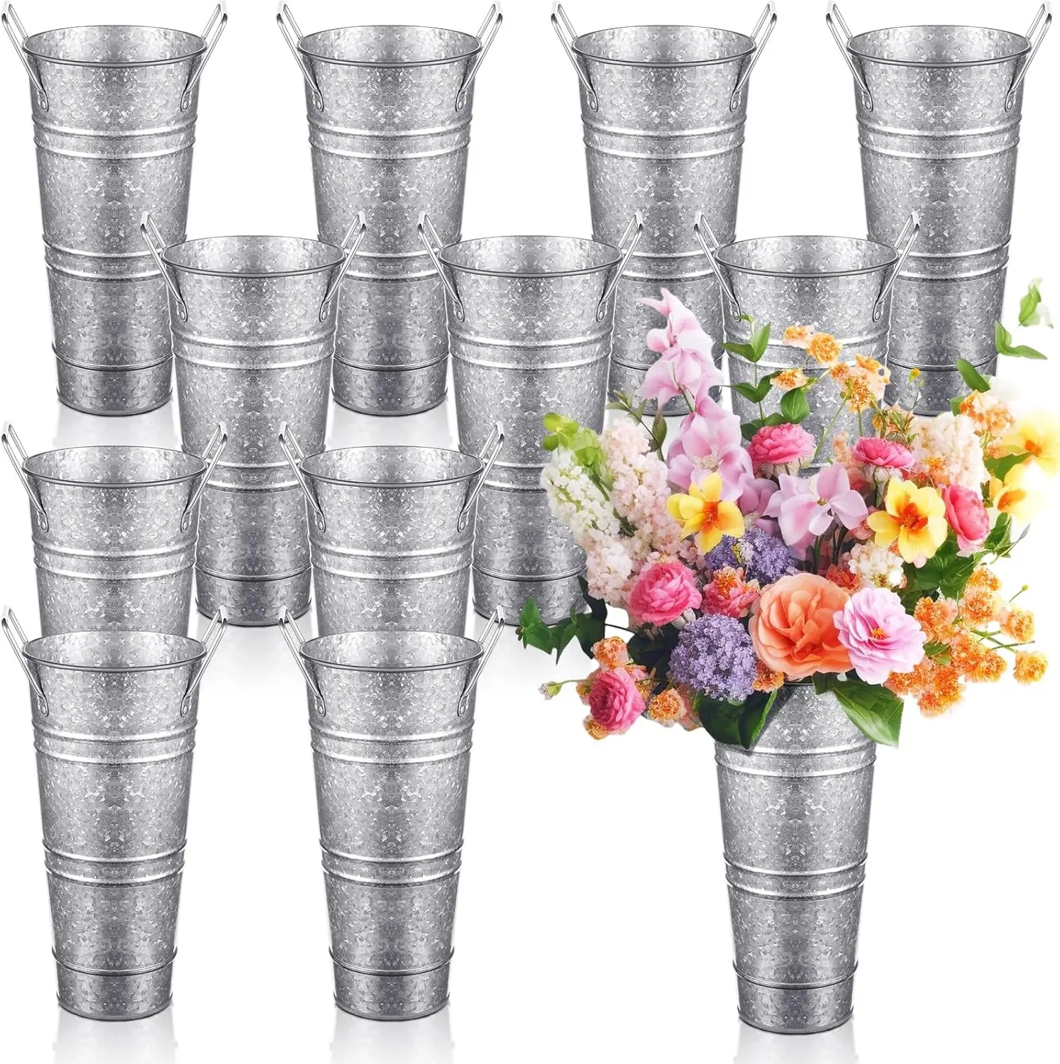 12 count 12 Inch Galvanized Metal Vase with Handles Bulk Tin Flower Buckets Galvanized Vases  Country Wedding Table Centerpieces Metal Flower Buckets for Wedding Home(Matte )