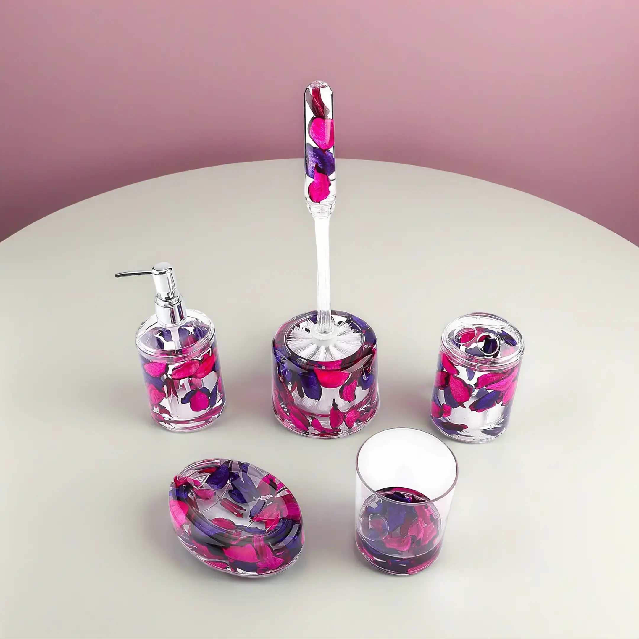 Flowers Retro 5-Piece Acrylic Purple and Pink Floating Bathroom Accessory Set - Includes Soap Dispenser, Toothbrush Holder, Tumbler (Home Supplies, Bathroom Gadgets), Five Pieces