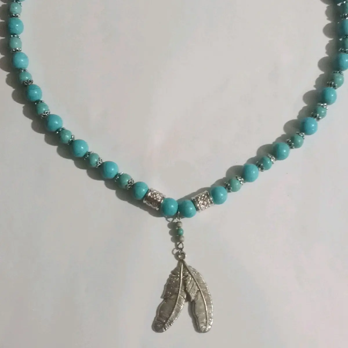 Turquoise Stone Beaded Silver Feathers Necklace - Statement Piece