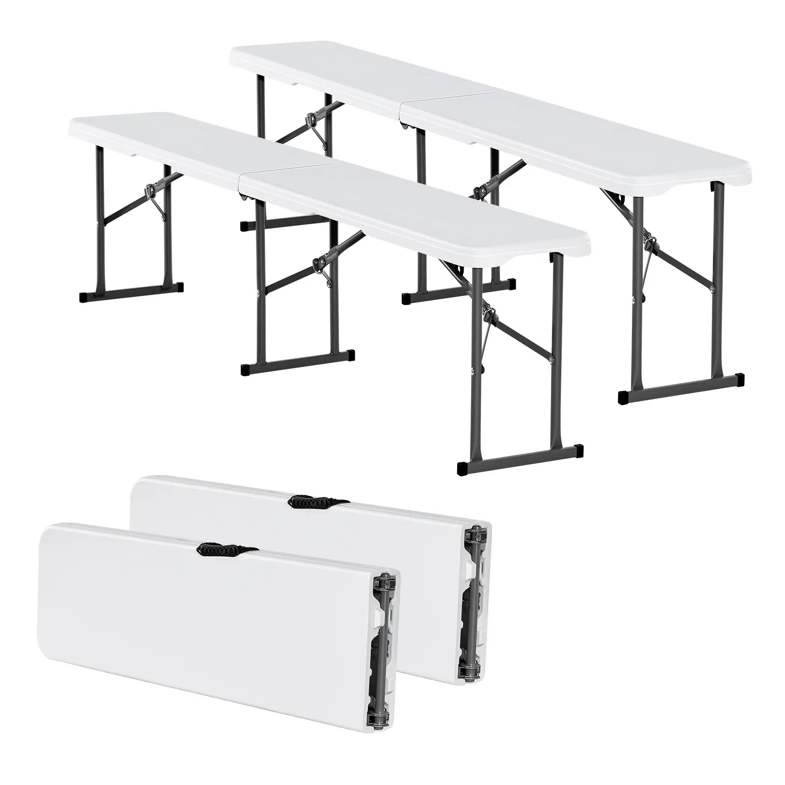 VEVOR 2-Pack White Plastic Foldable Benches, 6 ft Lightweight Sturdy & Durable HDPE Smooth-Seat Benches for Coaches, Children, Sports Events, Indoor/Outdoor Multipurpose Use