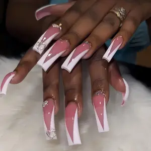 20pcs V-Shape French Curved Nails, Rhinestone Heart & Clear Decor, Glossy Gel False Nails, Reusable, Includes Jelly Glue & Nail File