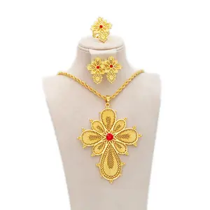 Women's Golden Rhinestone Jewelry Set with Earrings Necklace Ring Eritrean Cross Pendant Twist Chain Exaggerated Style Gifts