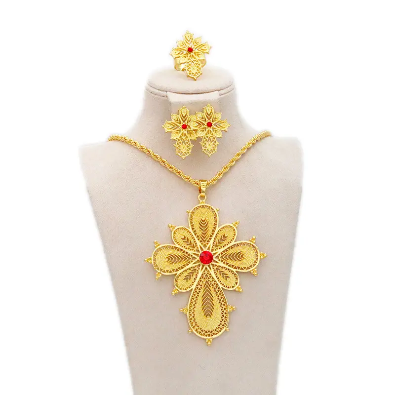 Women's Gold Plated 3-Piece Religious Costume Jewelry Set - Exaggerated Golden Rhinestone Drop Earrings, Polka Dot Twist Chain Necklace with Eritrean Cross Pendant, Figure-Flattering Ring, Daily Wear Gift Option