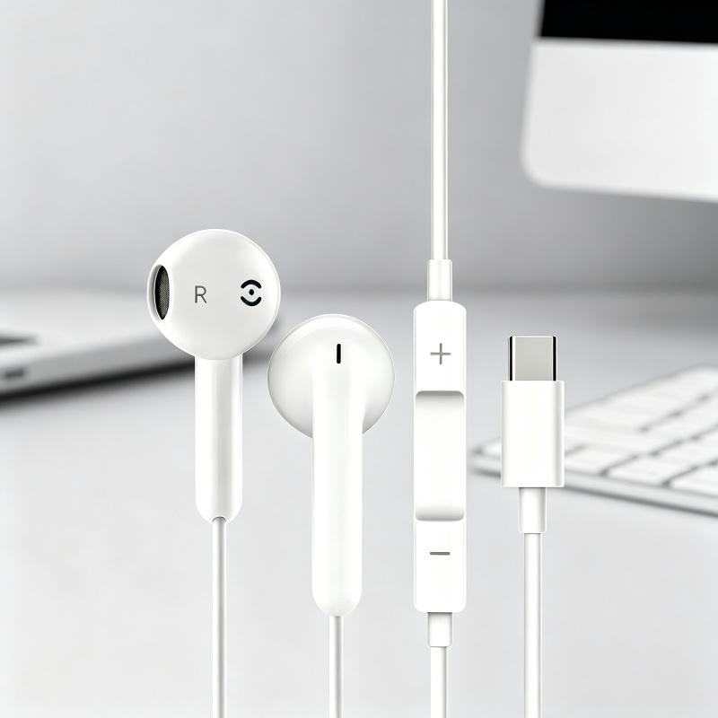 Type-C In-Ear Wired Headphones - Audio Headset with Built-in Microphone, Volume Control, and Wide Device Compatibility