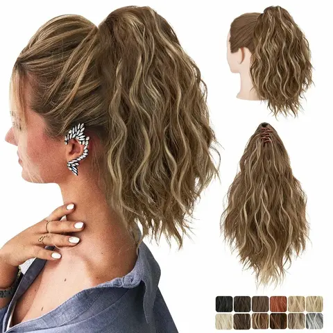 Yetta 12" Beach Curly Clip Hair Extensions, 100g Lightweight Synthetic Fiber Ponytail Clip-In, Ash Blonde-Black Female Fashion Accessory, Beach Curly Synthetic Extensions & Pieces with Fast Return Refund Channel