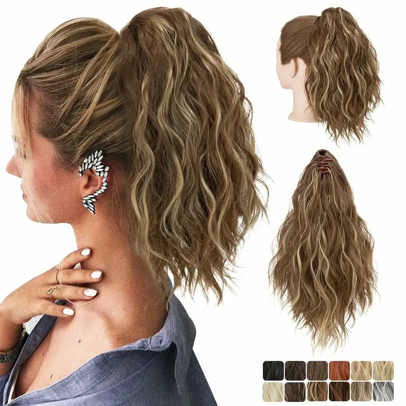 Yetta 12" Beach Curly Clip Hair Extensions, 100g Lightweight Synthetic Fiber Ponytail Clip-In, Ash Blonde-Black Female Fashion Accessory, Beach Curly Synthetic Extensions & Pieces with Fast Return Refund Channel