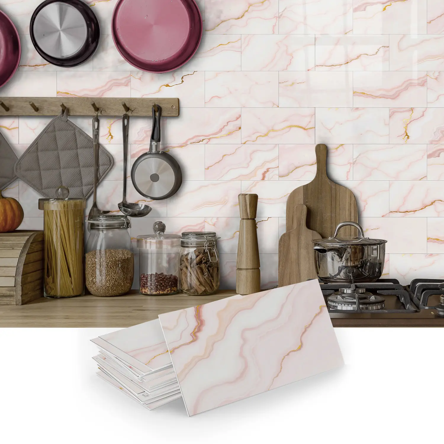 Removable Backsplash Tiles, 4x8 Inch Marble Design, Easy Peel & Stick Installation, Universal Use for Kitchen, Bathroom, Laundry Rooms, Marble Pattern Wallpaper, Waterproof Wallpaper for Bathroom