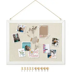 Linen Bulletin Board 1 piece 16 inches x 12 inches Double-sided cork board Wall-mounted Wooden frame bulletin board Small pinboard Suitable for home kitchen office decoration Hanging type Comes with 10 pins