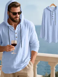 Men's Loose Breathable Casual Summer Linen Henley Shirt, Classic Casual Long Sleeve Top for Fall, Comfortable Daily Wear, Simple Design, Perfect for Commuting, Casual Clothing