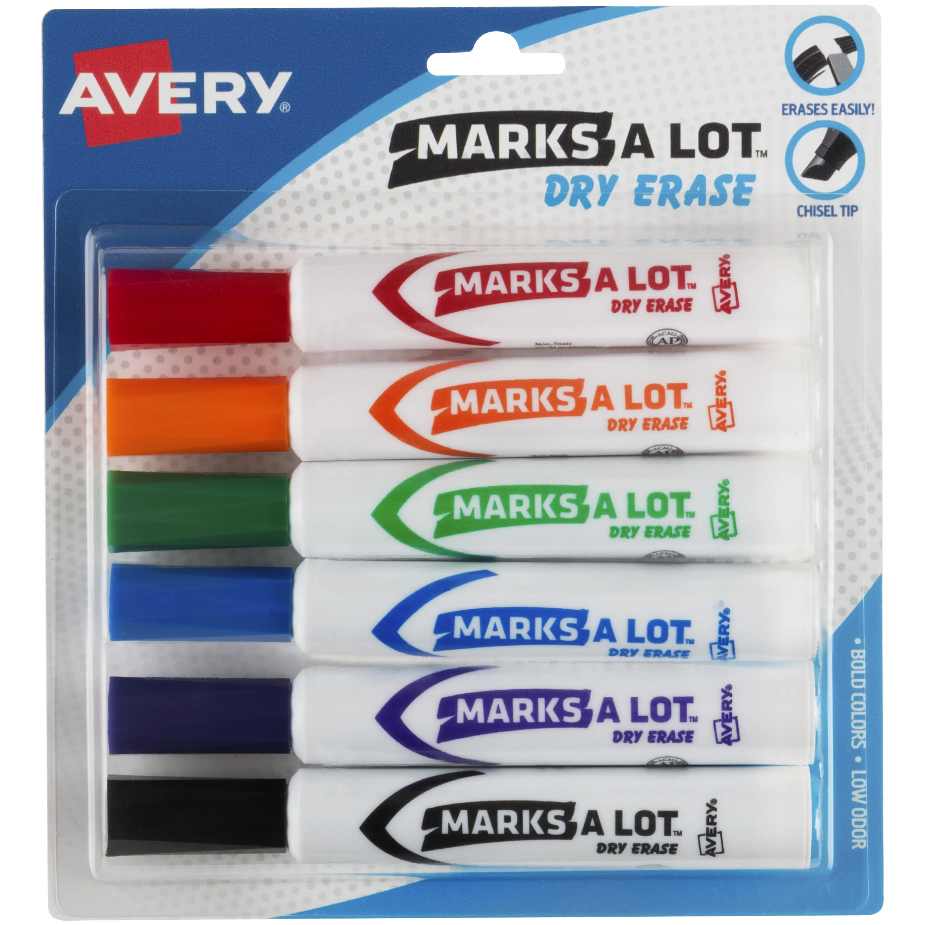 Avery Marks A Lot Desk-Style Color Marker Set, 1/5" Chisel Tip, Bold Assorted Colors, Low-Odor Ink, ACMI Certified, 6 Markers for School/Home (24432)