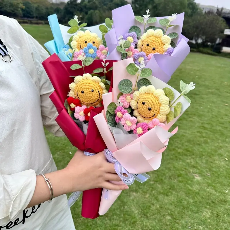 Handcrafted Boys Graduation Bouquet, Valentine's Yarn Flowers with Smiley Sunflower, Perfect Gift for Birthdays, Anniversaries, and Moms