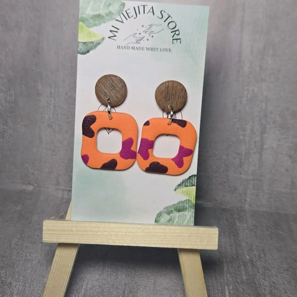 Mi Viejita Store Arandanos Polymer Clay Earrings Handmade with Love Orange & Brown Geometric Design