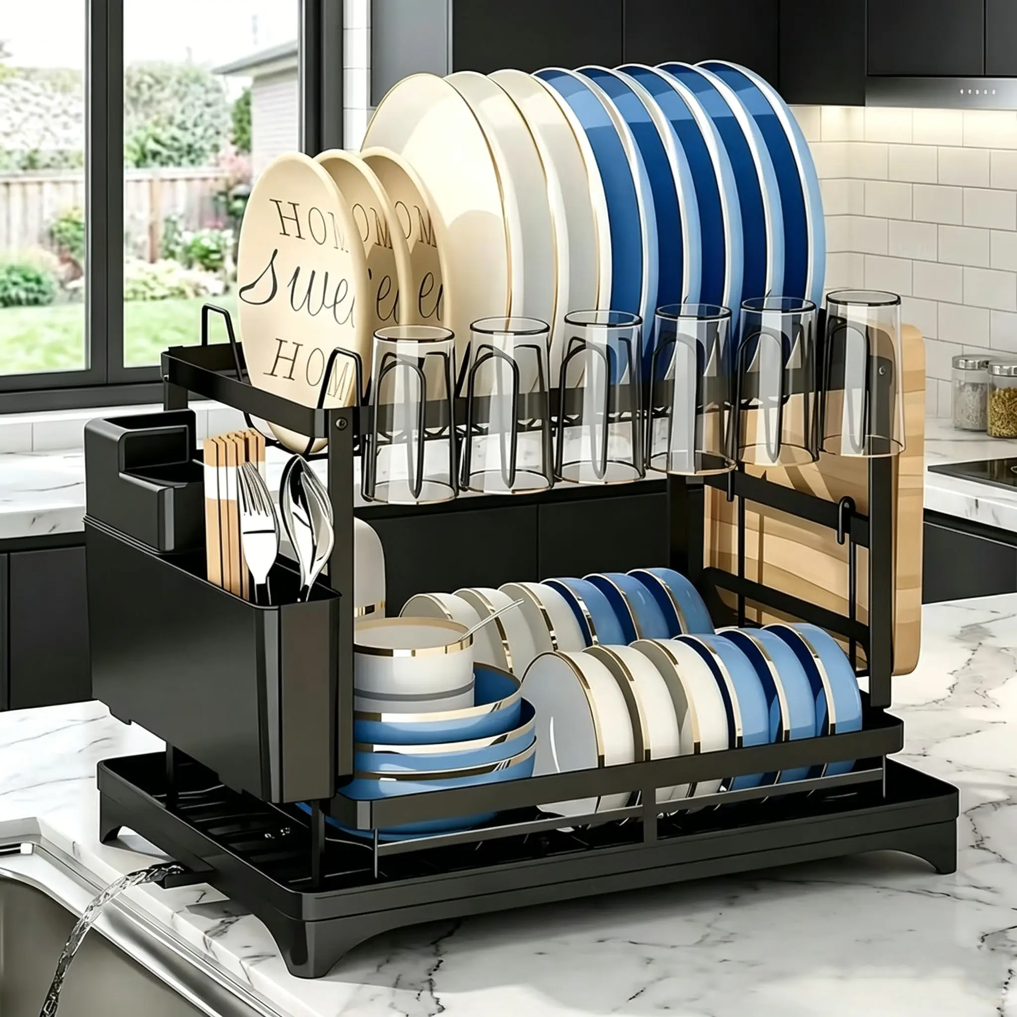 Carbon Steel Dish Drying Rack Set - Rustproof Countertop Dining Plate Rack with Cooking Utensil Holder, 360° Adjustable Draining Boards, Automatic Drainage, Knife Slots, Non-Slip Legs, Hanging & Easy Installation