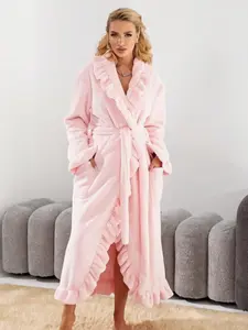 Women's Solid Color Flannel Bathrobe, Elegant Long Sleeve Wrap Robe, Women's Sleepwear for Fall & Winter, Nightgown, Casual Comfy Fluffy Pajamas, Soft Casual Pajamas