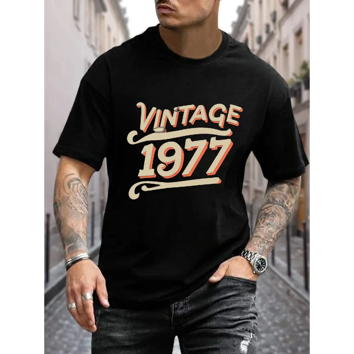 Vintage 1977 Print T Shirt, Tees For Men, Casual Short Sleeve T-shirt For Summer