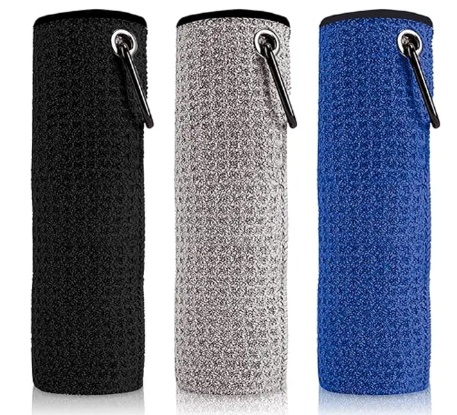 3 Pack Golf Towel for Bags with Clip and Microfiber Waffle Pattern, Tri-fold Blue, Black and Gray