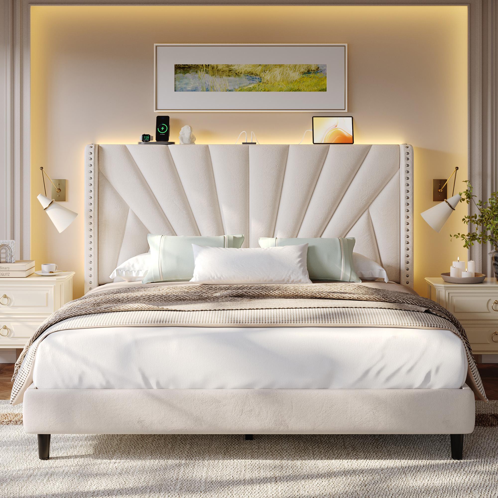 Solid Wood Queen/King Size Bed Frame with 51" Velvet Upholstered Headboard, up to 900 LBS Foundation with All Sturdy Metal Support,Headboard with Charging Station and LED Lights, Wingback Headboard, No Box Spring Needed, Noise-Free,Easy Assembly