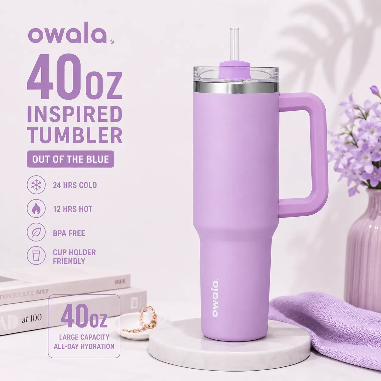 Owala Lilac Dream 40oz Tumbler with Handle & Straw, Insulated Stainless Steel Travel Cup, Large Capacity, Gift For Her, Gift For Him