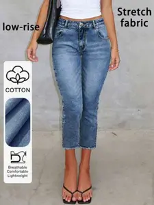 Women's Denim Capri Pants, High Waist, Fitted, Fringe Design, Button Fly, All Seasons, Elegant Style, Perfect for Casual Wear, Jean