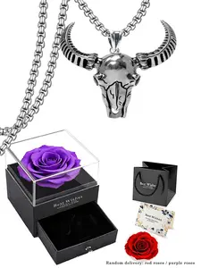 Father's Day Gift Western Bull Pendant Necklace for Men, Gothic Bull Head Jewelry, Taurus Zodiac Chain, Rose Gold Gift Set, Perfect Present for Him