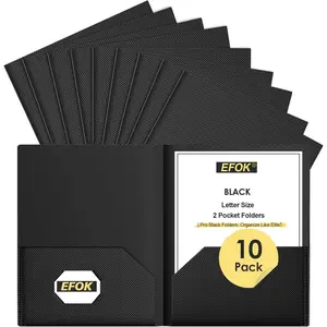 10 Pack Heavy Duty Black Plastic Folders with 2 Pockets, Textured Light Luxury File Folders with Business Card Slot, Letter Size Filing Supplies for Back to School & Office Organization