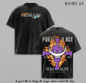 Portgas D Ace Vintage Washed T Shirt Oversized Heavy Cotton Anime Streetwear Ace Flame Jolly Roger Back Print Dead Or Alive Bounty Graphic Tee Casual Retro Y2K Top For Men Women Street Style Outfit