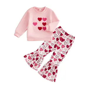 Toddler Baby Girls Valentines Outfits Long Sleeve Love Heart Sweatshirt Shirt Heart Flared Pants 2Pcs Spring Clothes