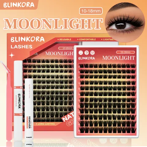 Blinkora Moonlight Lash Cluster Kit - 10-18mm D Curl DIY Fluffy Volume Clusters Lashes, Super Soft Ultra Thin Band, Waterproof All-Day Wear Set with Glue & Accessories Bundle (False Eyelashes & Adhesives)