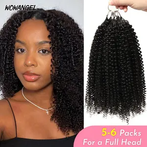 WOWANGEL Afro Kinky Curly Feather Crochet Human Hair Extensions Miracle Knots Pre-Separated Feather Knotless Invisiable With String 100% Human Hair 5Pack Lightweight & Reusable For Women Easy Braiding Natural Black