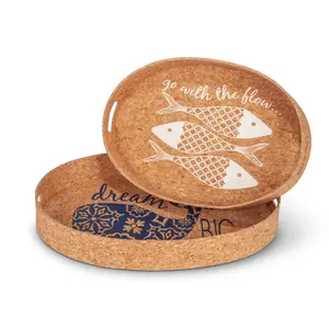 Assorted Nautical Oval Cork Wrapped Metal Trays with Fish Designs on Tray (Set of 2)