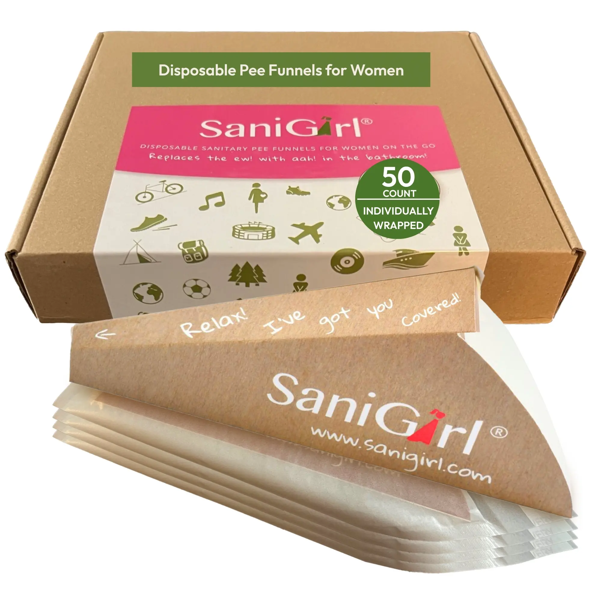 SaniGirl Disposable Pee Funnels for Women, Individually Wrapped Female Urination Device, Stand-to-Pee Travel Urinals, 50 ct