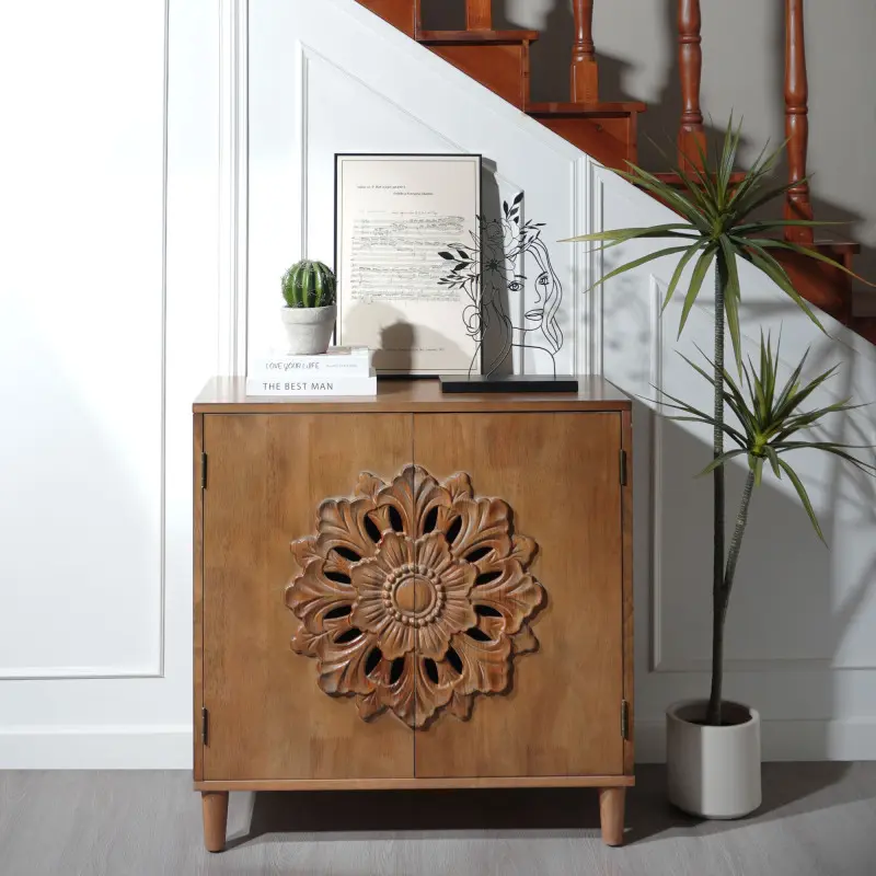 Rustic Vintage 2-Door Wood Cabinet with Legged Base - 31.00 x 15.30 x 31.70 inches, Hand-Carved Floral Motif, Warm Finish Sturdy Sideboard for Living Room, Dining Area, Two Doors