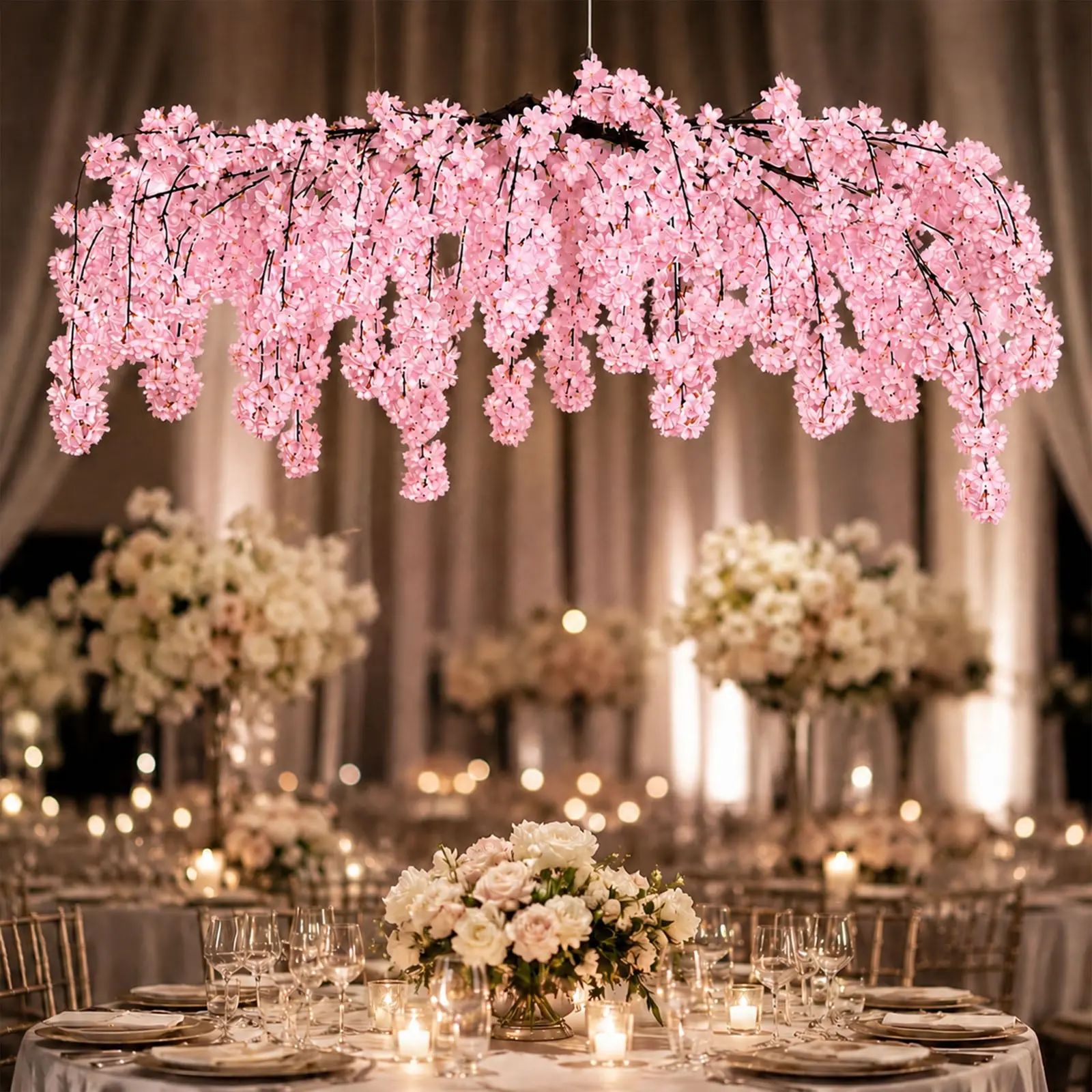 Cherry Blossom Hanging Floral Chandelier 60" Blush – Artificial Silk Flower Ceiling Canopy with Interchangeable Branches