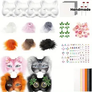 Fresh Forest Cat Mask with Decorative Flowers, Plants, and Mushrooms, DIY Eye Mesh Shiny Stickers, Party Costume Handmade, Bedroom Decoration, Satisfy Your DIY Fun, Party Event Props