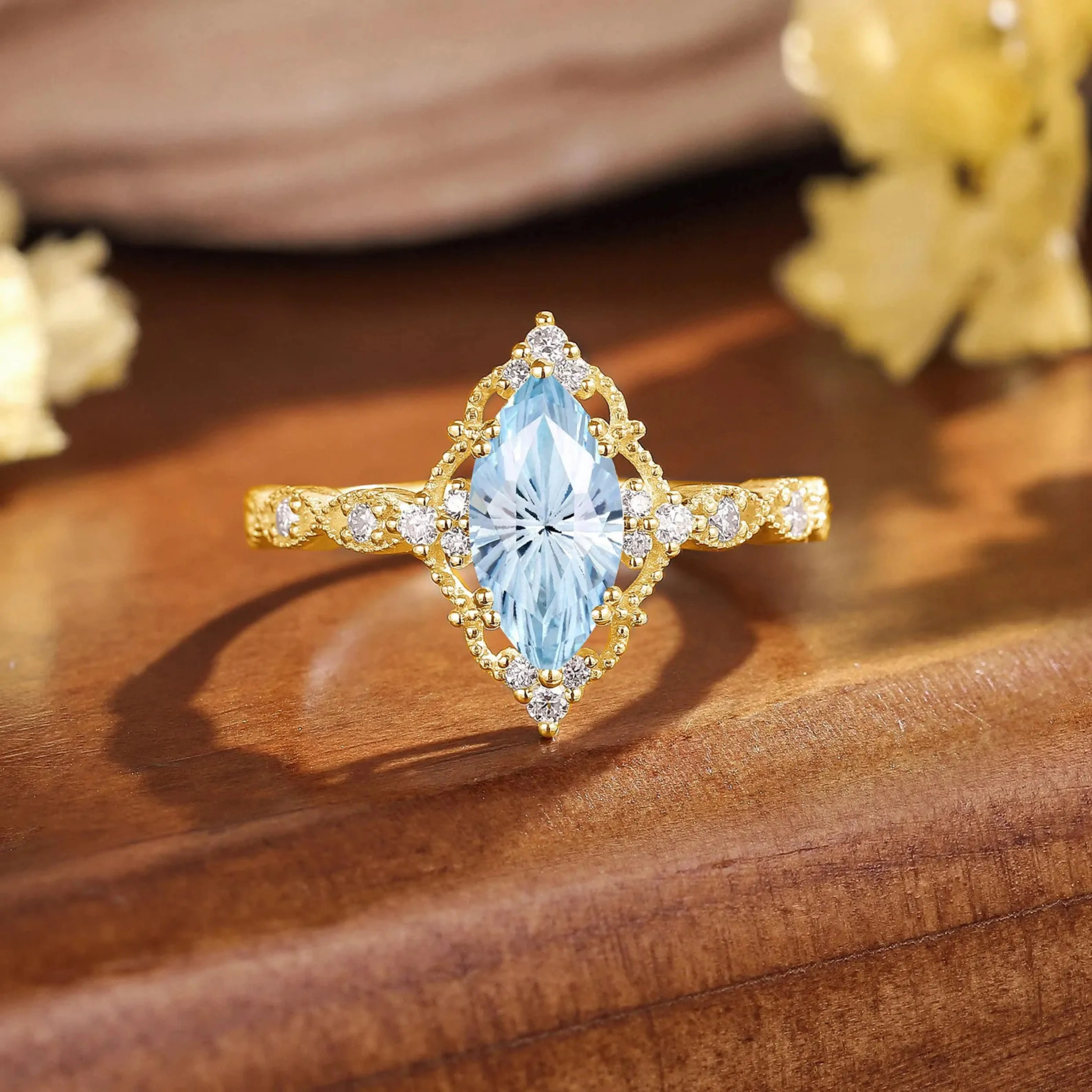 Filigree Marquise Aquamarine Engagement Ring Yellow Gold Milgrain Halo Sparkle 1.5ct March Birthstone Ring Moissanite Accent Handmade LA Made to Order 7-10 Days