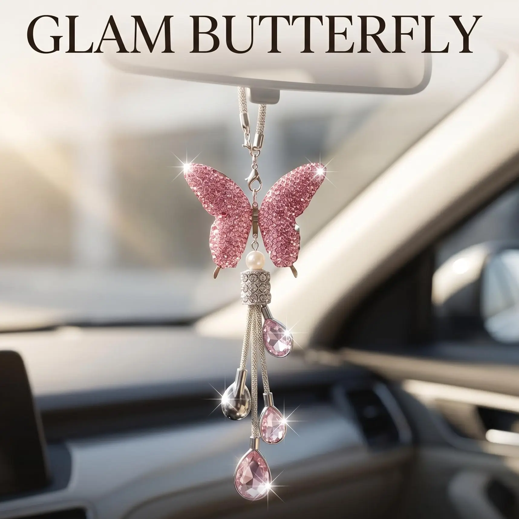 Car Bling Rearview Mirror Accessories for Women, Glam Butterfly Rearview Mirror Crystal Pendant,Crystal Ball Charm Decor Bling Car Accessories for Women Interior