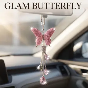 Car Bling Rearview Mirror Accessories for Women, Glam Butterfly Rearview Mirror Crystal Pendant,Crystal Ball Charm Decor Bling Car Accessories for Women Interior