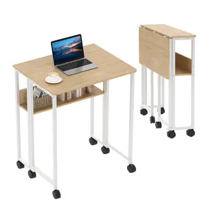 Folding Desk Small Rolling Desk with Storage Shelf,31.5 Inch Foldable Computer Table for Small Spaces, Space Saving Sofa Table with Wheels for Home Office, Study, Easy Assembly