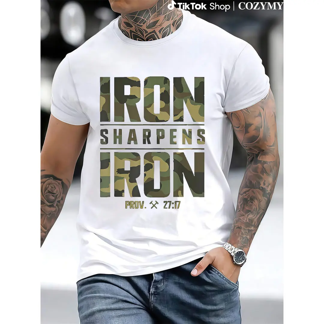 Men's 100% Cotton Graphic T-Shirt - "IRON SHARPENS IRON" & Proverbs 27:17 Bible Verse Design, Geometric Print Casual Streetwear Tee, Breathable Summer Top, Machine Washable, Summer Fashion | Camouflage Pattern | Durable Fabric