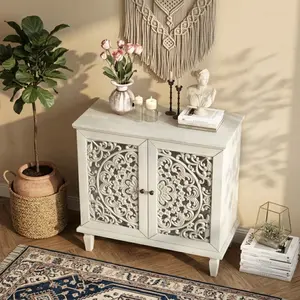 Retro Carved Storage Cabinet Double Door Display Shelf with Adjustable Shelves Symmetrical Floral Pattern Solid Wood Legs for Living Room Entryway Antique Gray White
