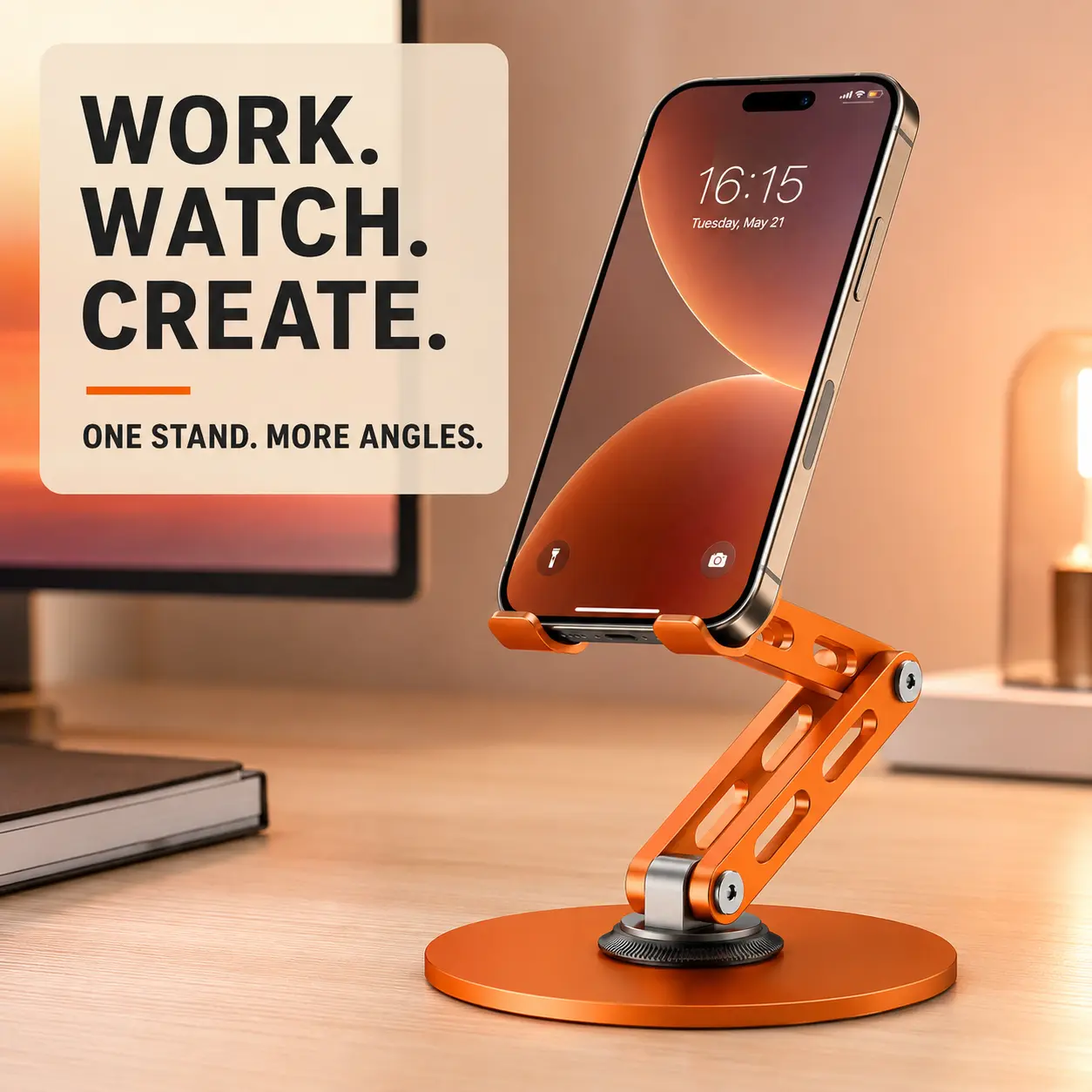 Adjustable Metal Phone Stand for Desk, Foldable Rotating Cell Phone Holder with Dual-Axis Design and Anti-Slip Pads for Video Calls, Streaming, Office, Kitchen and Bedside Smartphone Cellphone Mount Folding