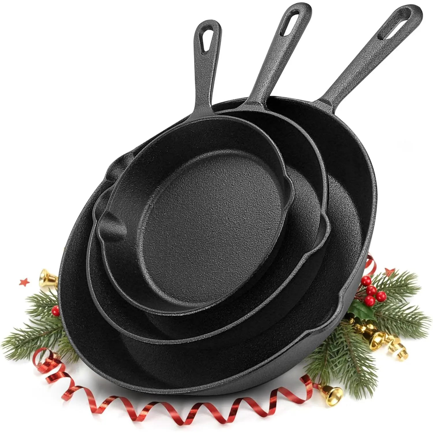 Pre-Seasoned 3-Piece Cast Iron Cookware Set - 6, 8, 10 in Skillets with Chef's Pan, Oven-Stove-Campfire Compatible, Black Cast Iron Cooking Set
